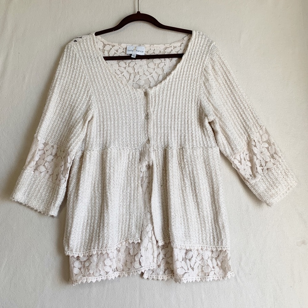Belle France Sweater Women Large Ivory Knit Lace 1/2 Button Peplum Flare
